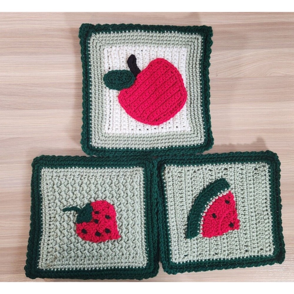 Vtg Set of 3 Square Fruit Hand Crocheted Pot Holder Hot‎ Pad Doily Trivet 9"